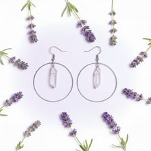 Load image into Gallery viewer, Silver Hooped Earrings with Dangly Aura Quartz