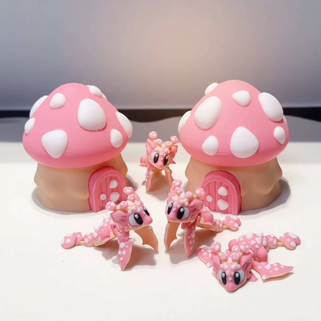 3-D Printed Pink Dragon with Mushroom House