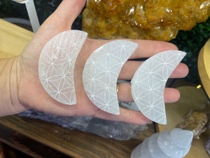 Selenite Crescent with Flower of Life Etchings